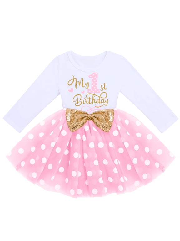 Baby Girl 1st 2nd 3rd Birthday Outfit Mouse Dress Polka Dots Tutu Skirt Cake Smash Long Sleeve Clothes for Photo Shoot 1 Year Pink Dots