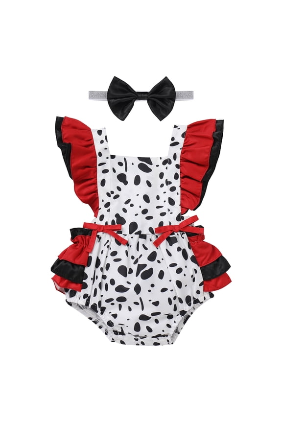 Baby Girl 1st Birthday Outfit Cow Print Romper Summer Sleeveless Jumpsuit Ruffle Backless Sunsuit Dress with Headband Cake Smash Photo Shoot Clothes 9-12 Months Red Cow