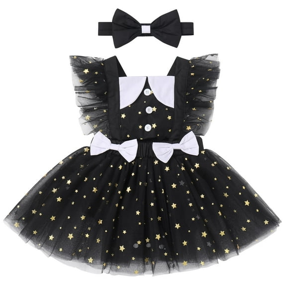IBTOM CASTLE Baby Girl 1st Birthday Outfit Cow Print Romper Summer Sleeveless Jumpsuit Ruffle Backless Sunsuit Dress with Headband Cake Smash Photo Shoot Clothes 18-24 Months Black