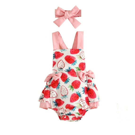 IBTOM CASTLE Baby Girl 1st Birthday Outfit Cow Print Romper Summer Sleeveless Jumpsuit Ruffle Backless Sunsuit Dress with Headband Cake Smash Photo Shoot Clothes 0-3 Months Pink Strawberry