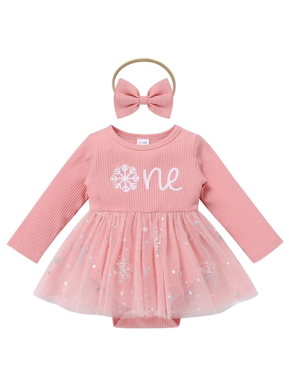 Baby Girl 1st Birthday Outfit Fall Pumpkin Winter Snowflake One Romper Sparkle Dress with Headband for Cake Smash Photo Shoot 12-18 Months Pink - Snowflake