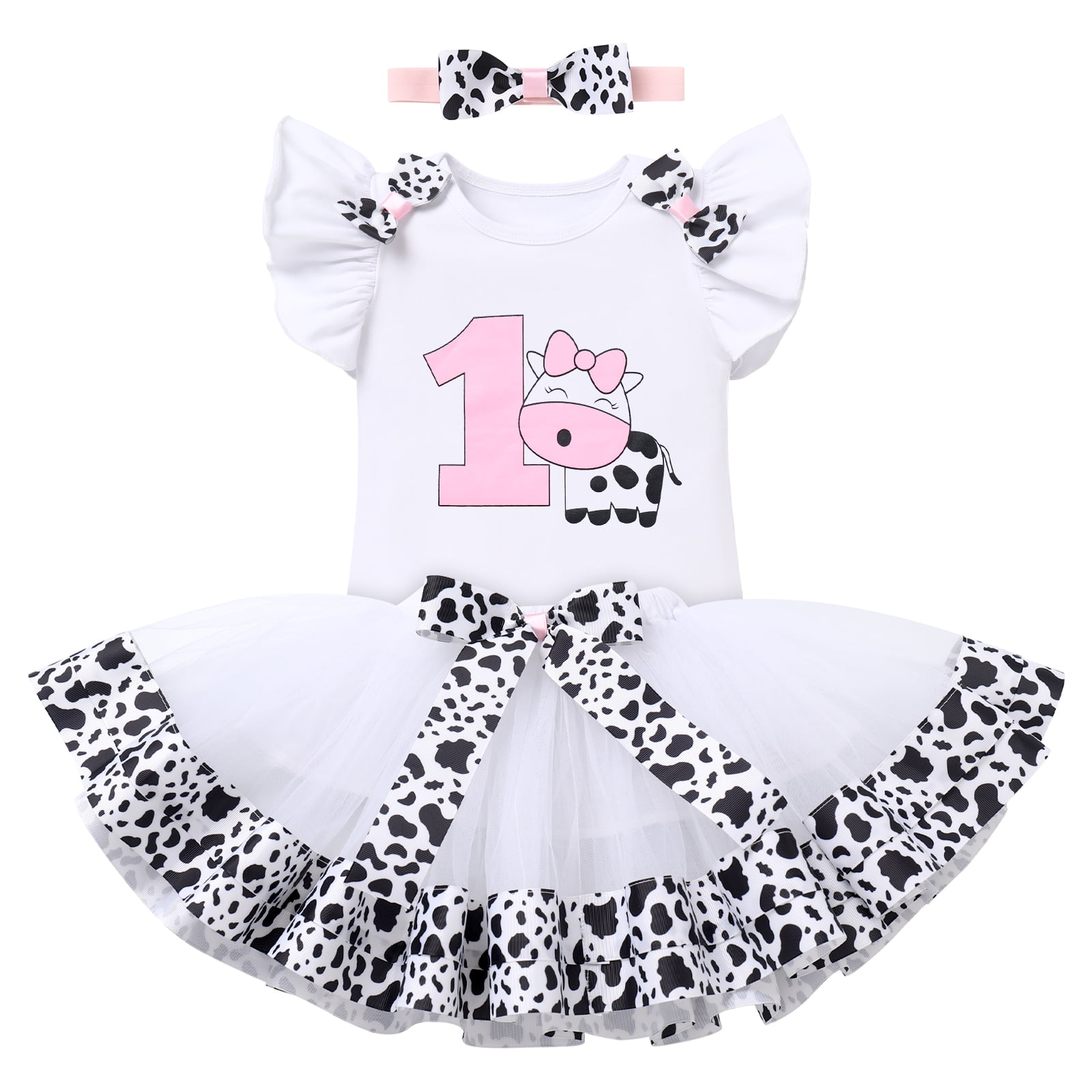 IBTOM CASTLE Baby Girl 1st Birthday Outfit Farm Cow Romper Tutu Skirt Headband Cake Smash Photo Shoot Clothes