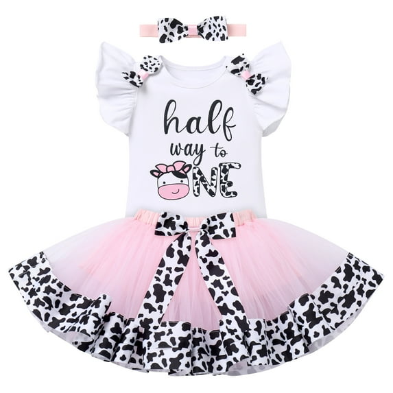 IBTOM CASTLE Baby Girl 1st Birthday Outfit Farm Cow Romper Tutu Skirt Headband Cake Smash Photo Shoot Clothes