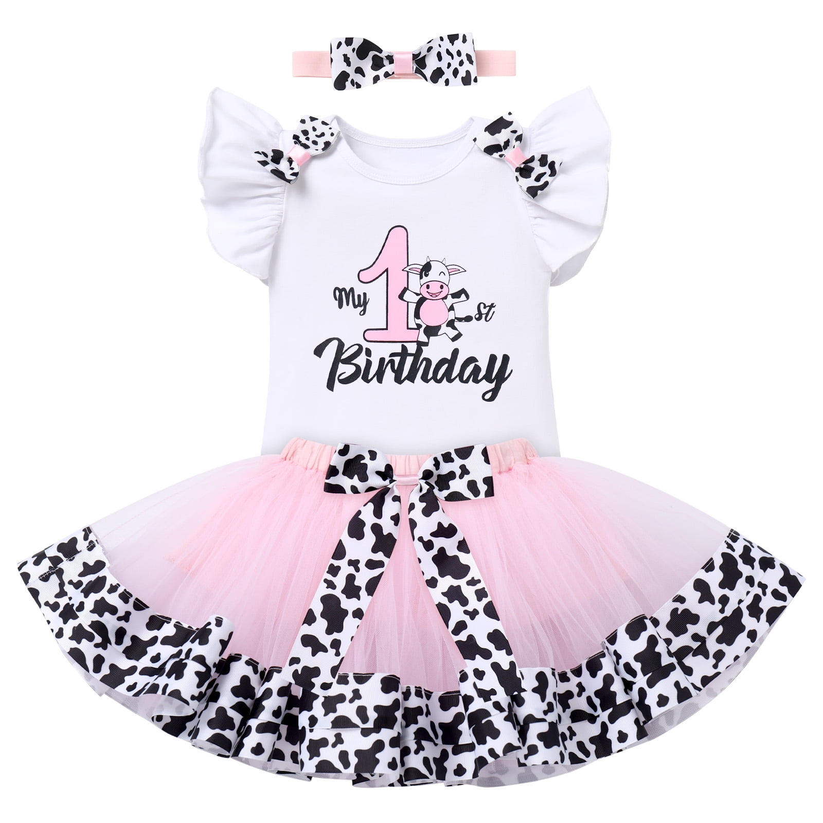 IBTOM CASTLE Baby Girl 1st Birthday Outfit Farm Cow Romper Tutu Skirt Headband Cake Smash Photo Shoot Clothes