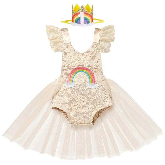 IBTOM CASTLE Baby Girl 1st Birthday Outfit Lace Tulle Romper Princess Tutu Dress Headband Shiny ONE Cake Smash Photo Shoot Clothes 6-12 Months Apricot Rainbow