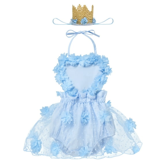IBTOM CASTLE Baby Girl 1st Birthday Outfit Lace Tulle Romper Princess Tutu Dress Headband Shiny ONE Cake Smash Photo Shoot Clothes 6-12 Months Blue Flower