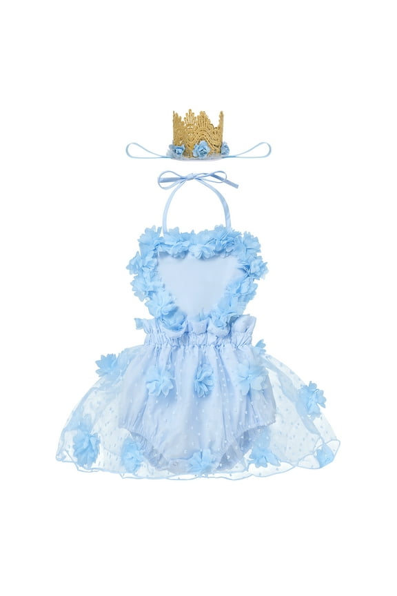 Baby Girl 1st Birthday Outfit Lace Tulle Romper Princess Tutu Dress Headband Shiny ONE Cake Smash Photo Shoot Clothes 6-12 Months Blue Flower
