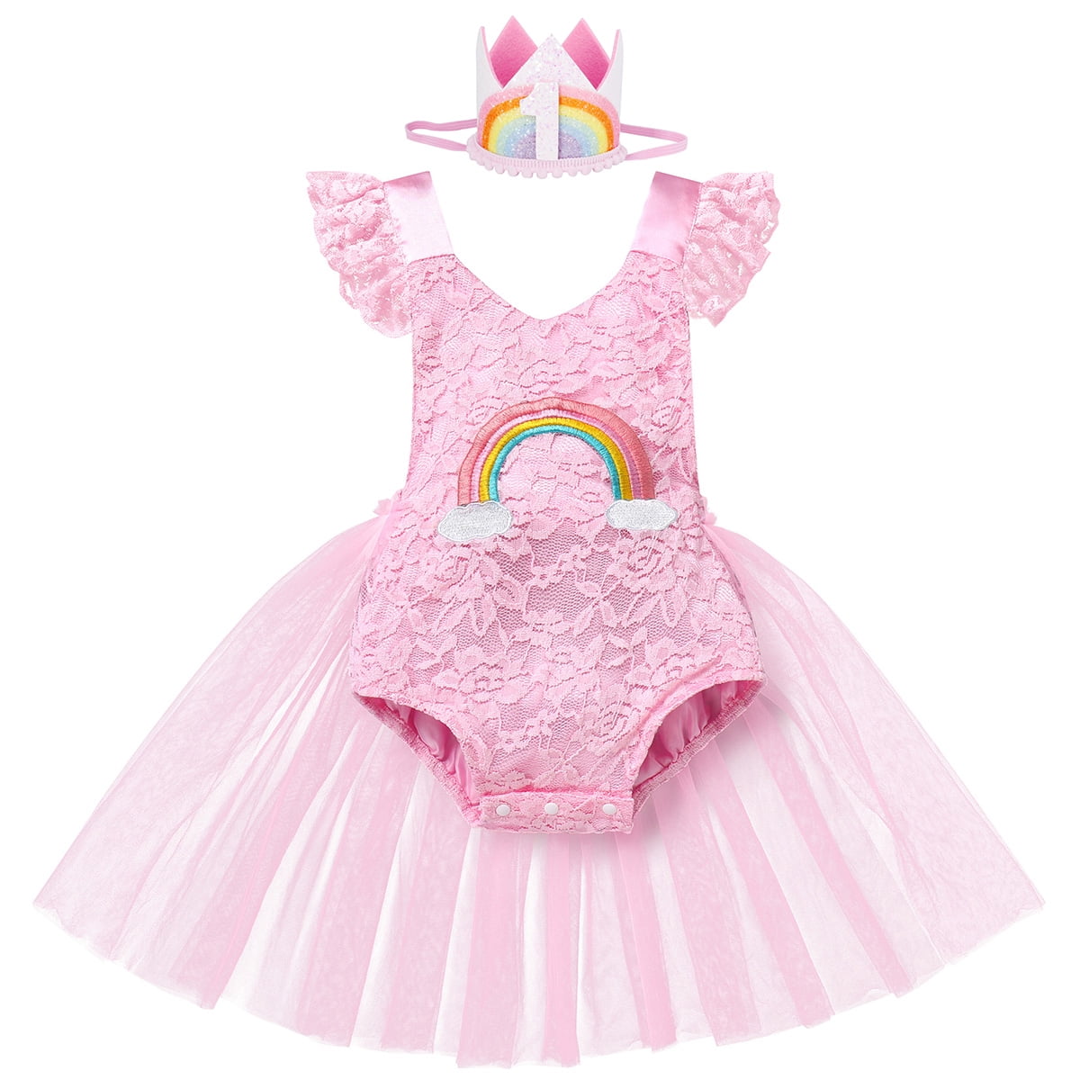 IBTOM CASTLE Baby Girl 1st Birthday Tutu Dress Outfit - Long Sleeve Smocked Romper With Headband