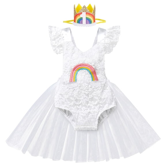 IBTOM CASTLE Baby Girl 1st Birthday Outfit Lace Tulle Romper Princess Tutu Dress Headband Shiny ONE Cake Smash Photo Shoot Clothes 6-12 Months White Rainbow