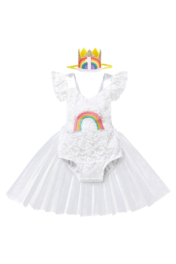 Baby Girl 1st Birthday Outfit Lace Tulle Romper Princess Tutu Dress Headband Shiny ONE Cake Smash Photo Shoot Clothes 6-12 Months White Rainbow
