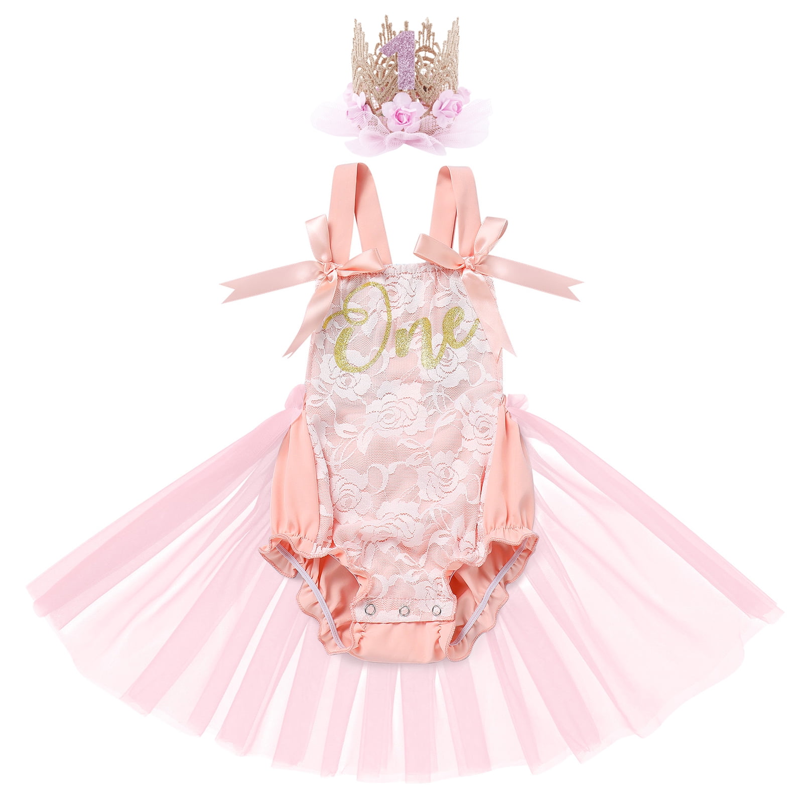 IBTOM CASTLE Baby Girl 1st Birthday Outfit Lace Tulle Romper Princess Tutu Dress Headband Shiny ONE Cake Smash Photo Shoot Clothes 12-18 Months Peach Pink