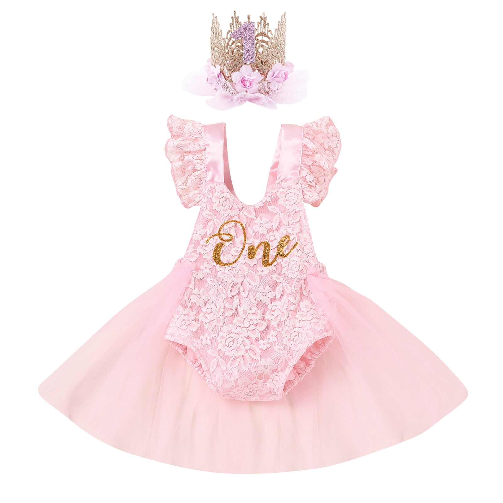 IBTOM CASTLE Baby Girl 1st Birthday Outfit Lace Tulle Romper Princess Tutu  Dress Headband Shiny One Cake Smash Photo Shoot Clothes 12-18 Months Pink