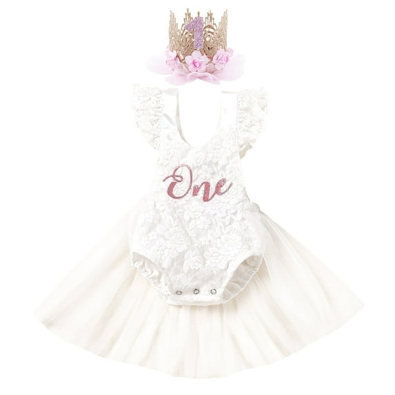 IBTOM CASTLE Baby Girl 1st Birthday Outfit Lace Tulle Romper Princess Tutu Dress Headband Shiny ONE Cake Smash Photo Shoot Clothes 12-18 Months White