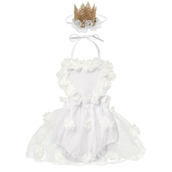 IBTOM CASTLE Baby Girl 1st Birthday Outfit Lace Tulle Romper Princess Tutu Dress Headband Shiny ONE Cake Smash Photo Shoot Clothes 6-12 Months White Flower