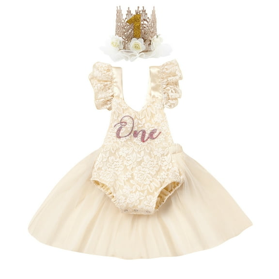 IBTOM CASTLE Baby Girl 1st Birthday Outfit Lace Tulle Romper Princess Tutu Dress Headband Shiny ONE Cake Smash Photo Shoot Clothes 12-18 Months Apricot