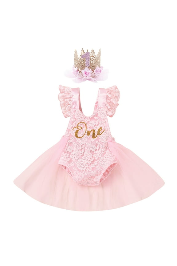 Baby Girl 1st Birthday Outfit Lace Tulle Romper Princess Tutu Dress Headband Shiny ONE Cake Smash Photo Shoot Clothes 9-12 Months Pink