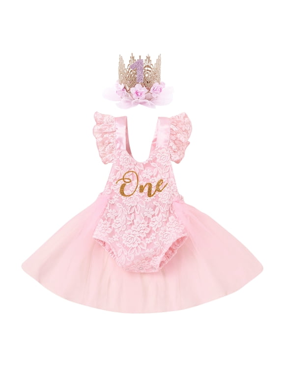 Baby Girl 1st Birthday Outfit Lace Tulle Romper Princess Tutu Dress Headband Shiny ONE Cake Smash Photo Shoot Clothes 9-12 Months Pink