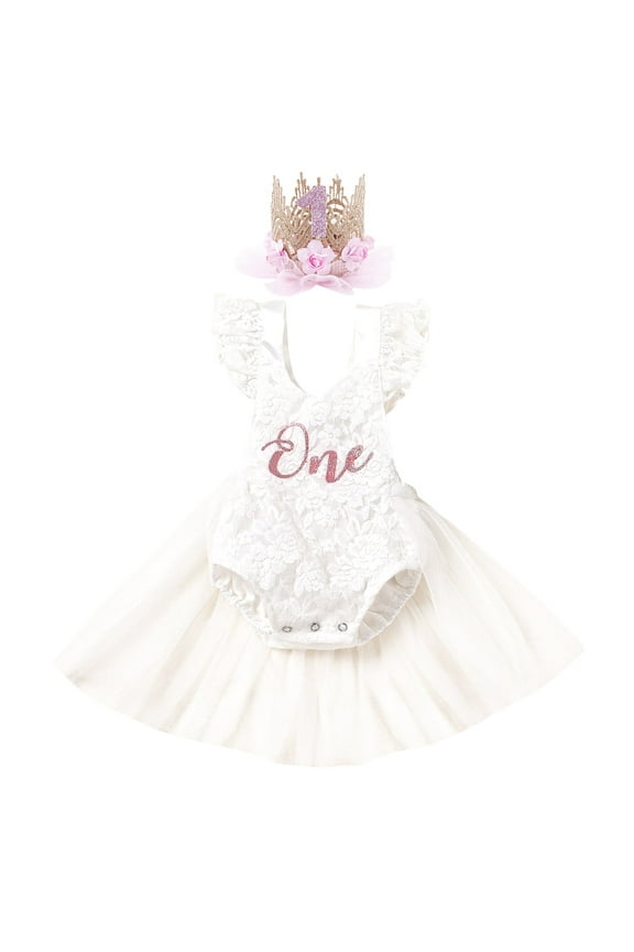 Baby Girl 1st Birthday Outfit Lace Tulle Romper Princess Tutu Dress Headband Shiny ONE Cake Smash Photo Shoot Clothes 9-12 Months White