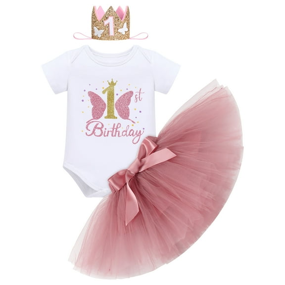 IBTOM CASTLE Baby Girl 1st Birthday Outfit Sequin Butterfly Romper Tutu Skirt Headband Clothes for Cake Smash Photo Shoot 1 Year Dusty Pink - 1st Birthday