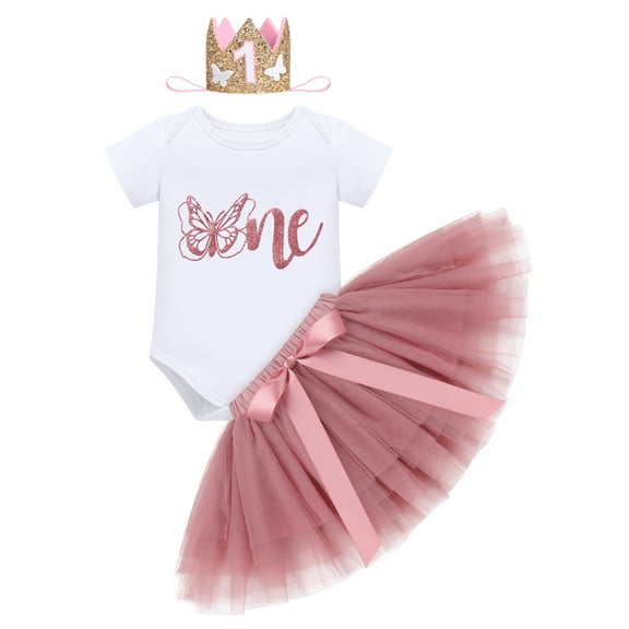 IBTOM CASTLE Baby Girl 1st Birthday Outfit Sequin Butterfly Romper Tutu Skirt Headband Clothes for Cake Smash Photo Shoot 1 Year Dusty Pink - One