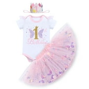 IBTOM CASTLE Baby Girl 1st Birthday Outfit Sequin Butterfly Romper Tutu Skirt Headband Clothes for Cake Smash Photo Shoot 1 Year Pink Butterfly