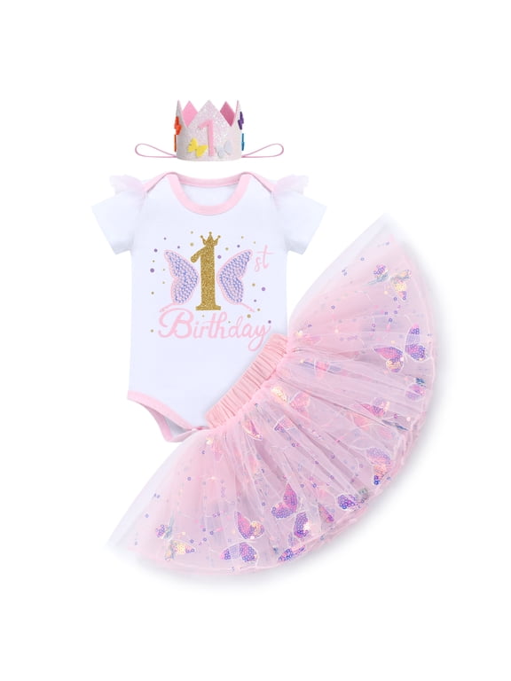 Baby Girl 1st Birthday Outfit Sequin Butterfly Romper Tutu Skirt Headband Clothes for Cake Smash Photo Shoot 1 Year Pink Butterfly