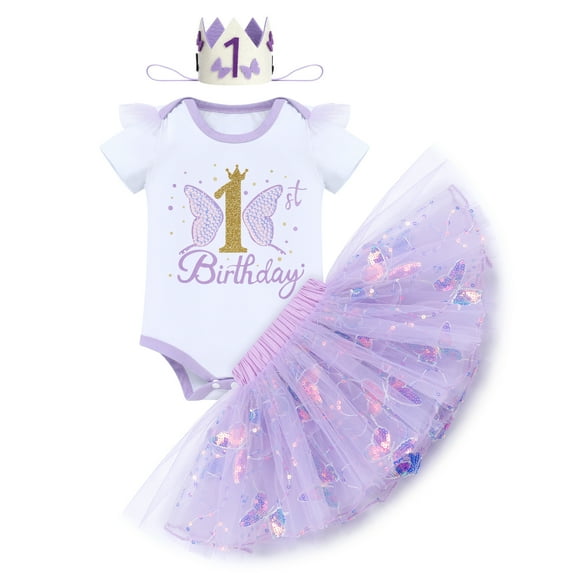 IBTOM CASTLE Baby Girl 1st Birthday Outfit Sequin Butterfly Romper Tutu Skirt Headband Clothes for Cake Smash Photo Shoot 1 Year Purple Butterfly