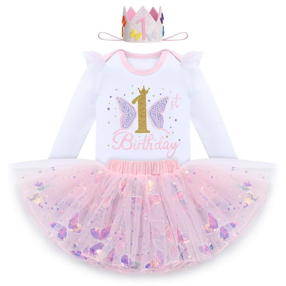 IBTOM CASTLE Baby Girl 1st Birthday Outfit Sequin Butterfly Romper Tutu Skirt Tiara 3PCS Birthday Clothes for Cake Smash Photo Shoot 1 Year Pink Butterfly - Long Sleeve
