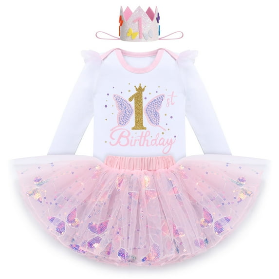IBTOM CASTLE Baby Girl 1st Birthday Outfit Sequin Butterfly Romper Tutu Skirt Tiara 3PCS Birthday Clothes for Cake Smash Photo Shoot 1 Year Pink Butterfly - Long Sleeve