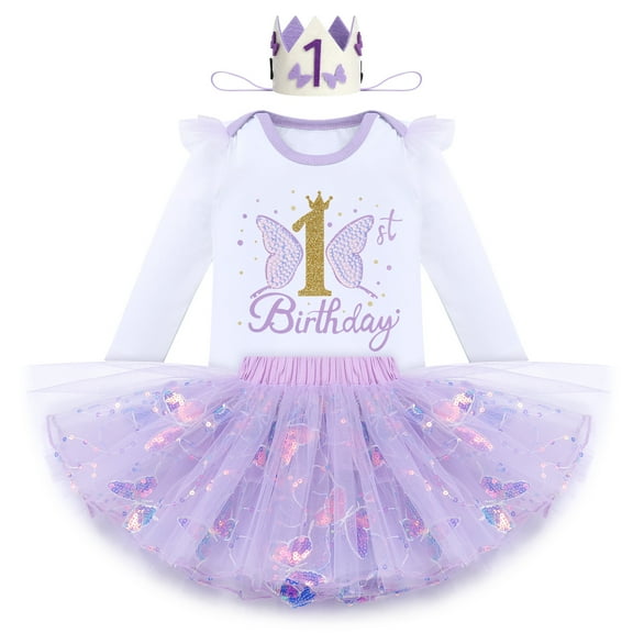IBTOM CASTLE Baby Girl 1st Birthday Outfit Sequin Butterfly Romper Tutu Skirt Tiara 3PCS Birthday Clothes for Cake Smash Photo Shoot 1 Year Purple Butterfly - Long Sleeve