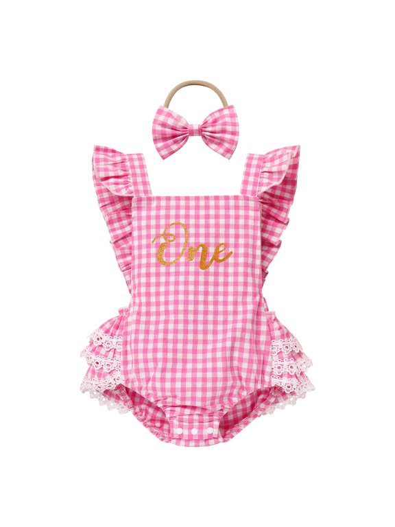 Baby Girl 1st Birthday Outfit Summer Vintage Plaid Romper with Headband for Cake Smash Photo Shoot 6-12 Months Pink