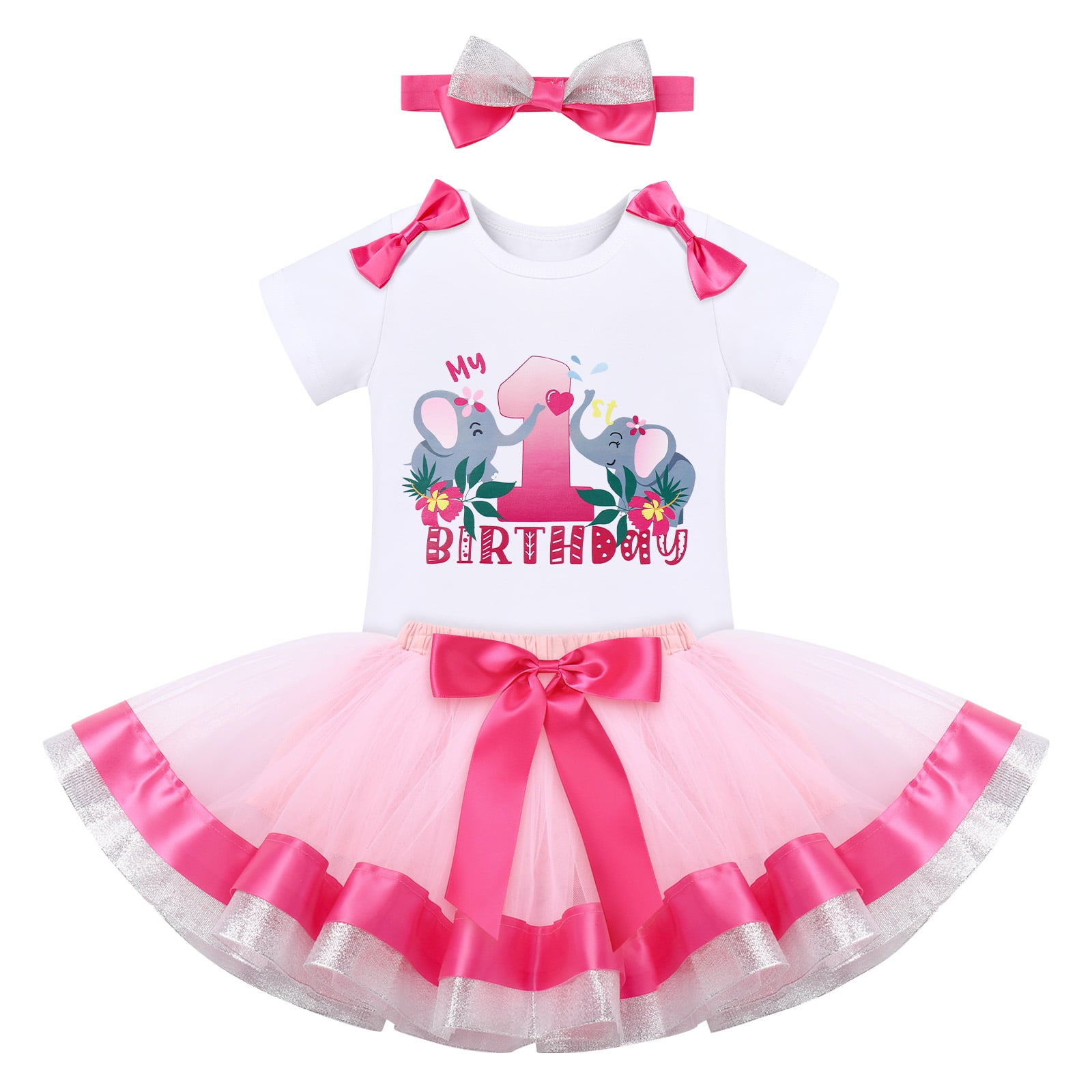 IBTOM CASTLE Baby Girl Cake Smash 1st Birthday Elephant Onesie Party