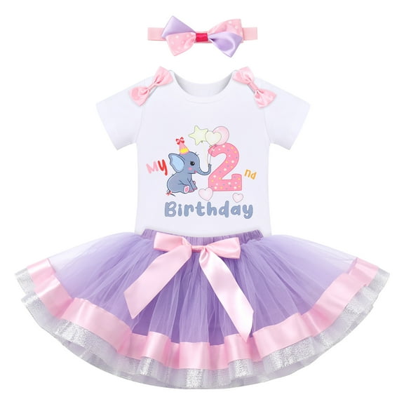 IBTOM CASTLE Baby Girl Cake Smash 1st Birthday Elephant Onesie Party Outfit Princess Romper Tutu Skirt Headband Photo Props Clothes 2 Years Purple
