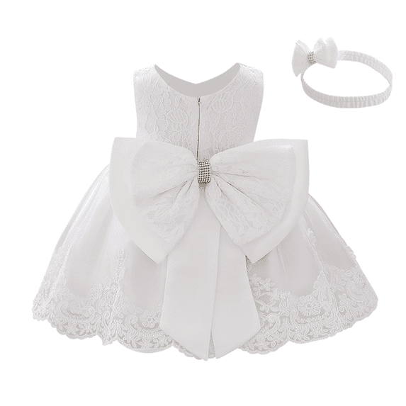 IBTOM CASTLE Baby Girl Christening Baptism Gowns with Headband Bowknot Pageant Wedding Birthday Princess First Communion Ruffle Tutu Dress 18-24 Months White