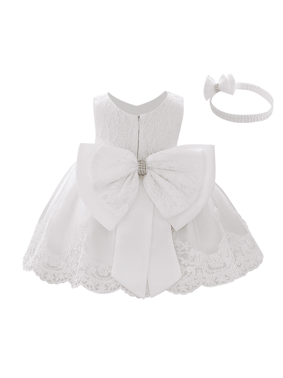 Baby Girl Christening Baptism Gowns with Headband Bowknot Pageant Wedding Birthday Princess First Communion Ruffle Tutu Dress 18-24 Months White