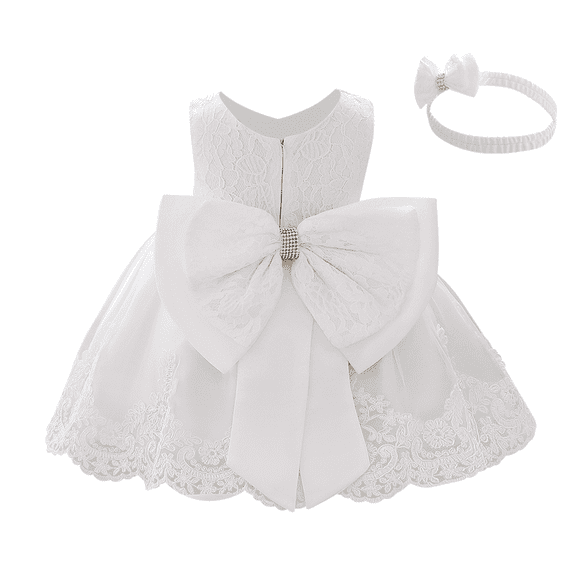 IBTOM CASTLE Baby Girl Christening Baptism Gowns with Headband Bowknot Pageant Wedding Birthday Princess First Communion Ruffle Tutu Dress 2-3 Years White