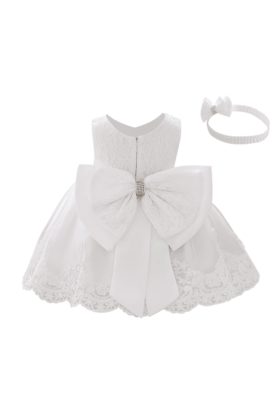 Baby Girl Christening Baptism Gowns with Headband Bowknot Pageant Wedding Birthday Princess First Communion Ruffle Tutu Dress 3-6 Months White
