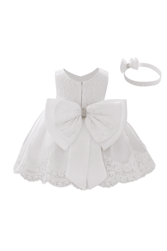 Baby Girl Christening Baptism Gowns with Headband Bowknot Pageant Wedding Birthday Princess First Communion Ruffle Tutu Dress 9-12 Months White
