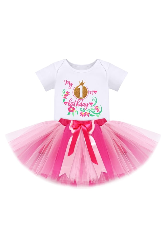 Baby Girl First Birthday Outfit Floral Lace Party Cake Smash Romper + Tutu Skirt for Photo Shoot 1 Year Hot Pink-Crown 1st Birthday