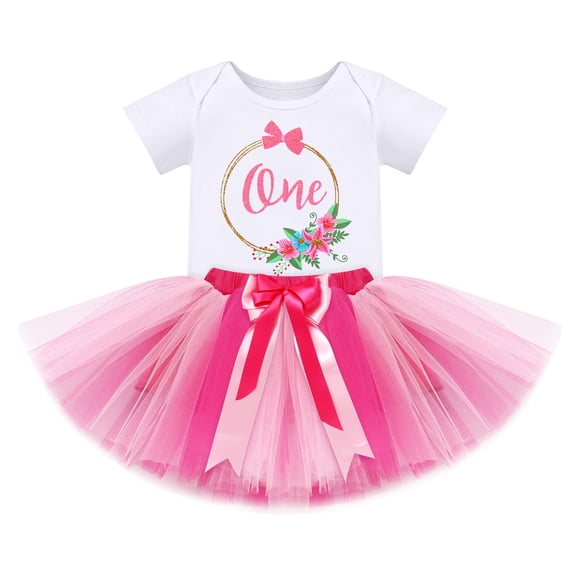 IBTOM CASTLE Baby Girl First Birthday Outfit Floral Lace Party Cake Smash Romper   Tutu Skirt for Photo Shoot 1 Year Hot Pink-Flower