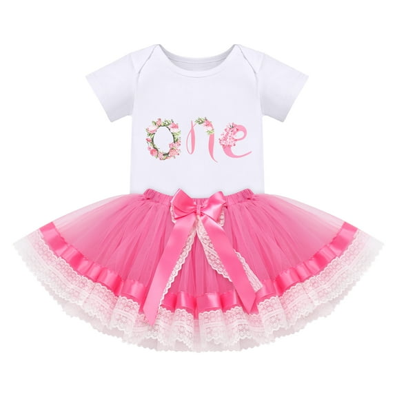 IBTOM CASTLE Baby Girl First Birthday Outfit Floral Lace Party Cake Smash Romper   Tutu Skirt for Photo Shoot 1 Year Hot Pink-Lace