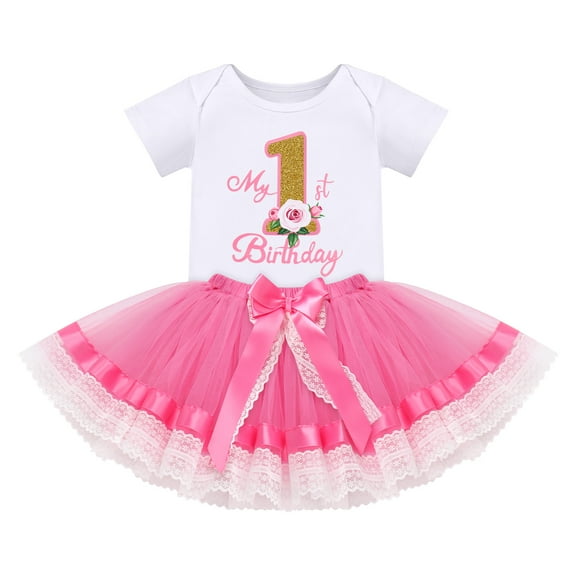 IBTOM CASTLE Baby Girl First Birthday Outfit Floral Lace Party Cake Smash Romper   Tutu Skirt for Photo Shoot 1 Year Hot Pink-My 1st Birthday