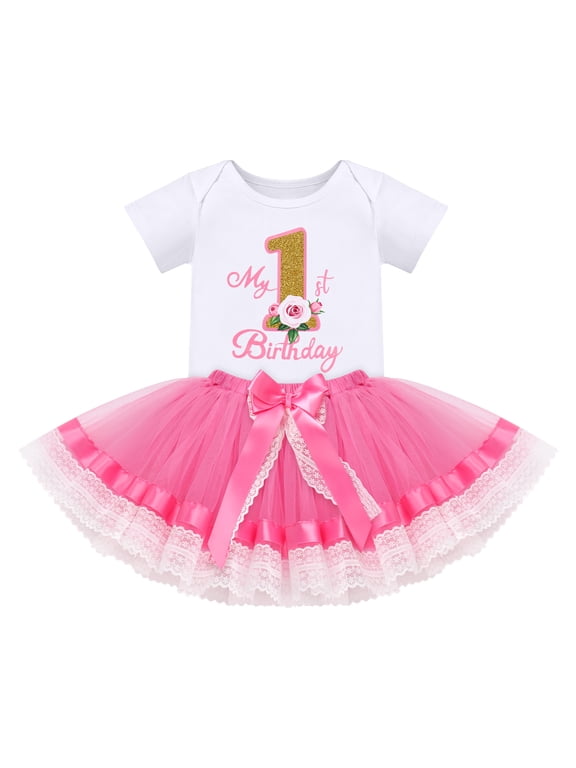 Baby Girl First Birthday Outfit Floral Lace Party Cake Smash Romper + Tutu Skirt for Photo Shoot 1 Year Hot Pink-My 1st Birthday