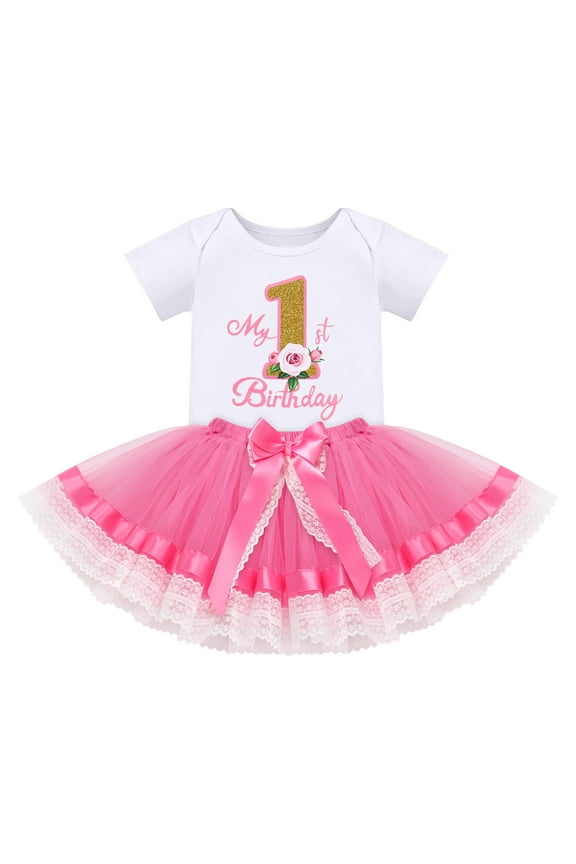 Baby Girl First Birthday Outfit Floral Lace Party Cake Smash Romper + Tutu Skirt for Photo Shoot 1 Year Hot Pink-My 1st Birthday