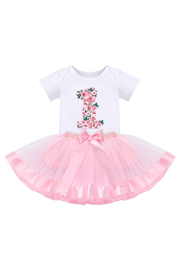 Baby Girl First Birthday Outfit Floral Lace Party Cake Smash Romper + Tutu Skirt for Photo Shoot 1 Year Pink-Flower