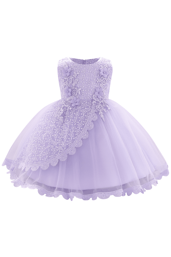 Baby Girl Flower Dress Sleeveless Lace Bowknot Princess Tulle Tutu Bridesmaid Wedding Baptism Birthday Party Prom Gown 12-18 Months Purple