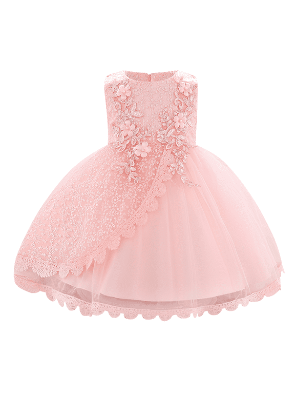 Baby Girl Flower Dress Sleeveless Lace Bowknot Princess Tulle Tutu Bridesmaid Wedding Baptism Birthday Party Prom Gown 18-24 Months Pink