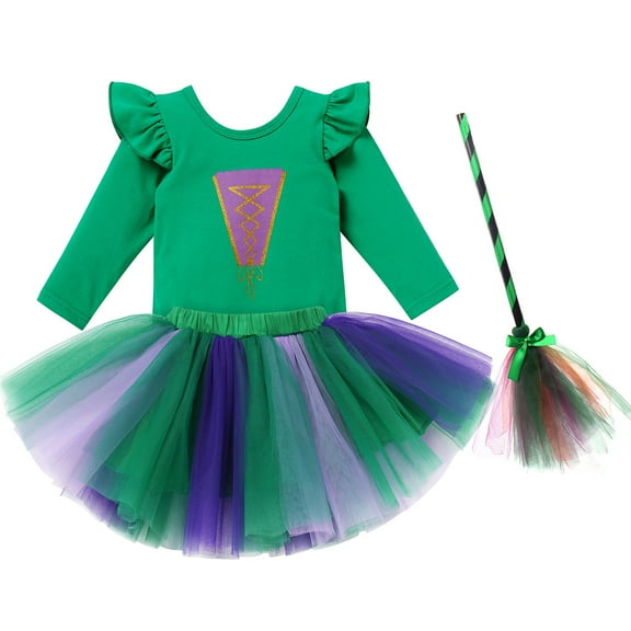 IBTOM CASTLE Baby Girl Halloween Cosplay Outfit Sanderson Sisters Witch Costume Long Sleeve Romper Tutu Skirt Witch Broom Set Carnival Birthday Party Fancy Dress up 18-24 Months Green 3pcs