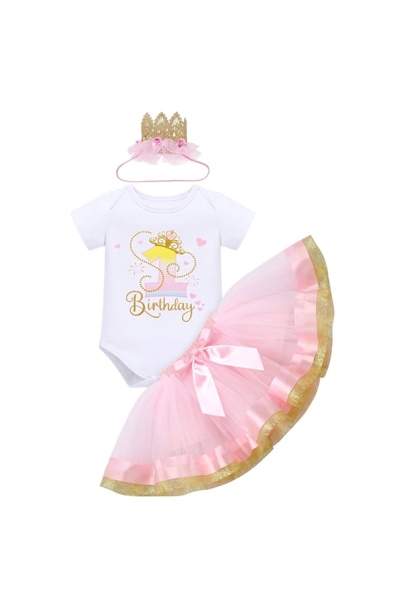 Baby Girls 1st 2nd 3rd Birthday Outfit Shiny Crown Romper Tutu Skirt Headband Clothes for Cake Smash Photo Shoot 1 Year Pink