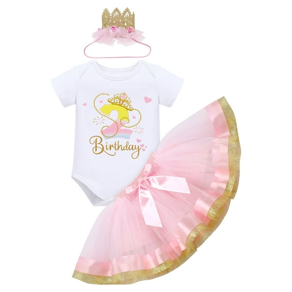 IBTOM CASTLE Baby Girls 1st 2nd 3rd Birthday Outfit Shiny Crown Romper Tutu Skirt Headband Clothes for Cake Smash Photo Shoot 2 Years Pink